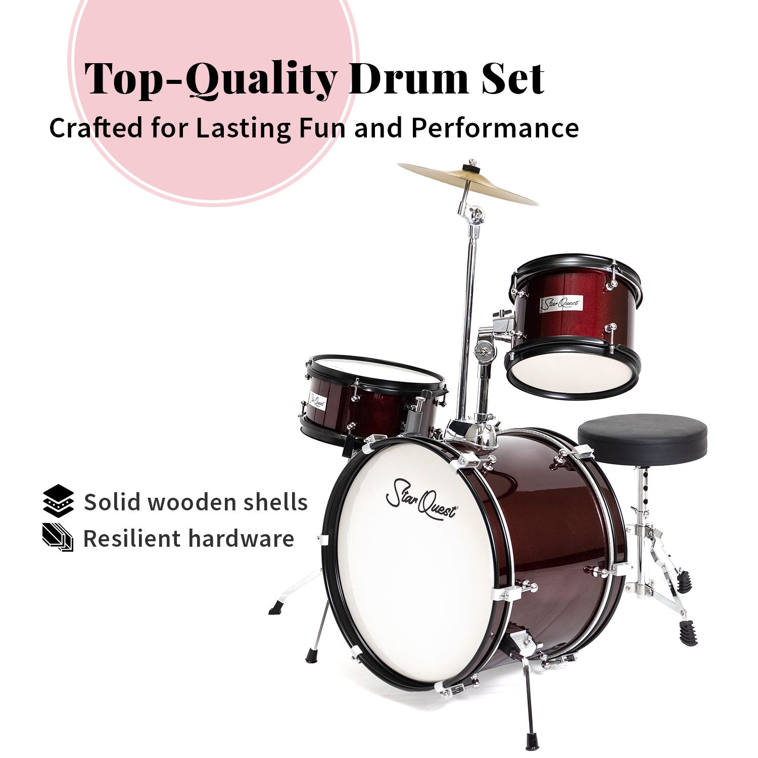 StarQuest Junior 3-Piece Drum Set | Premium Metallic Wine Red Finish