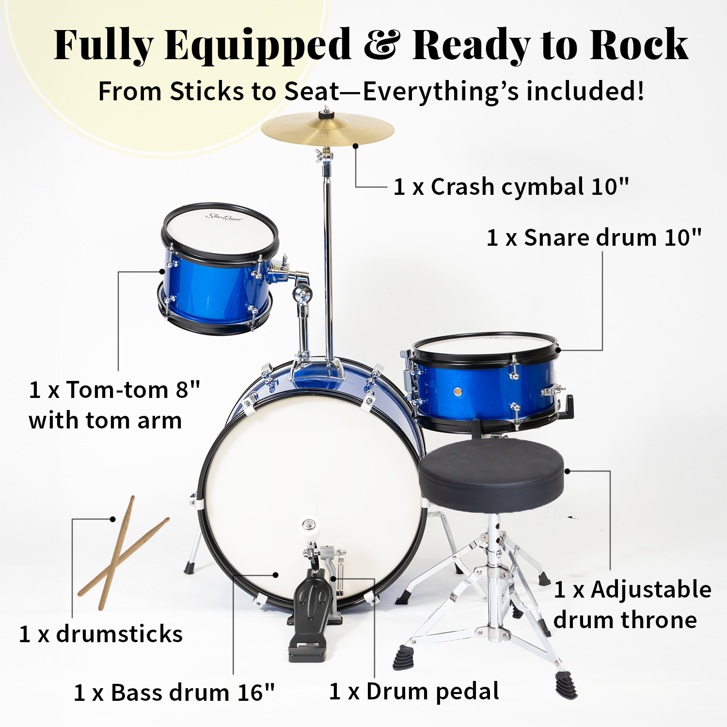 StarQuest Junior 3-Piece Drum Set | Premium Metallic Blue Finish