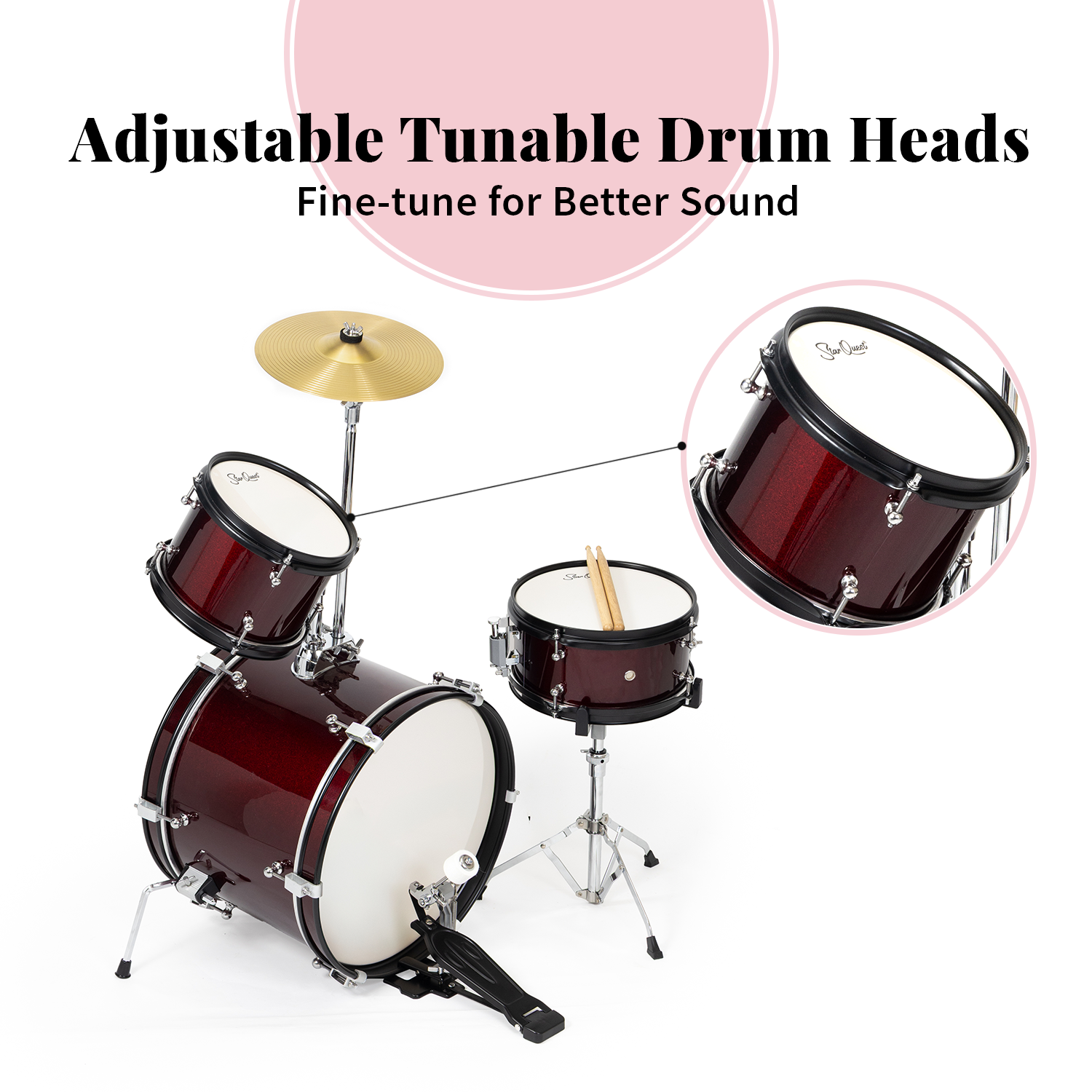 StarQuest Junior 3-Piece Drum Set | Premium Metallic Wine Red Finish