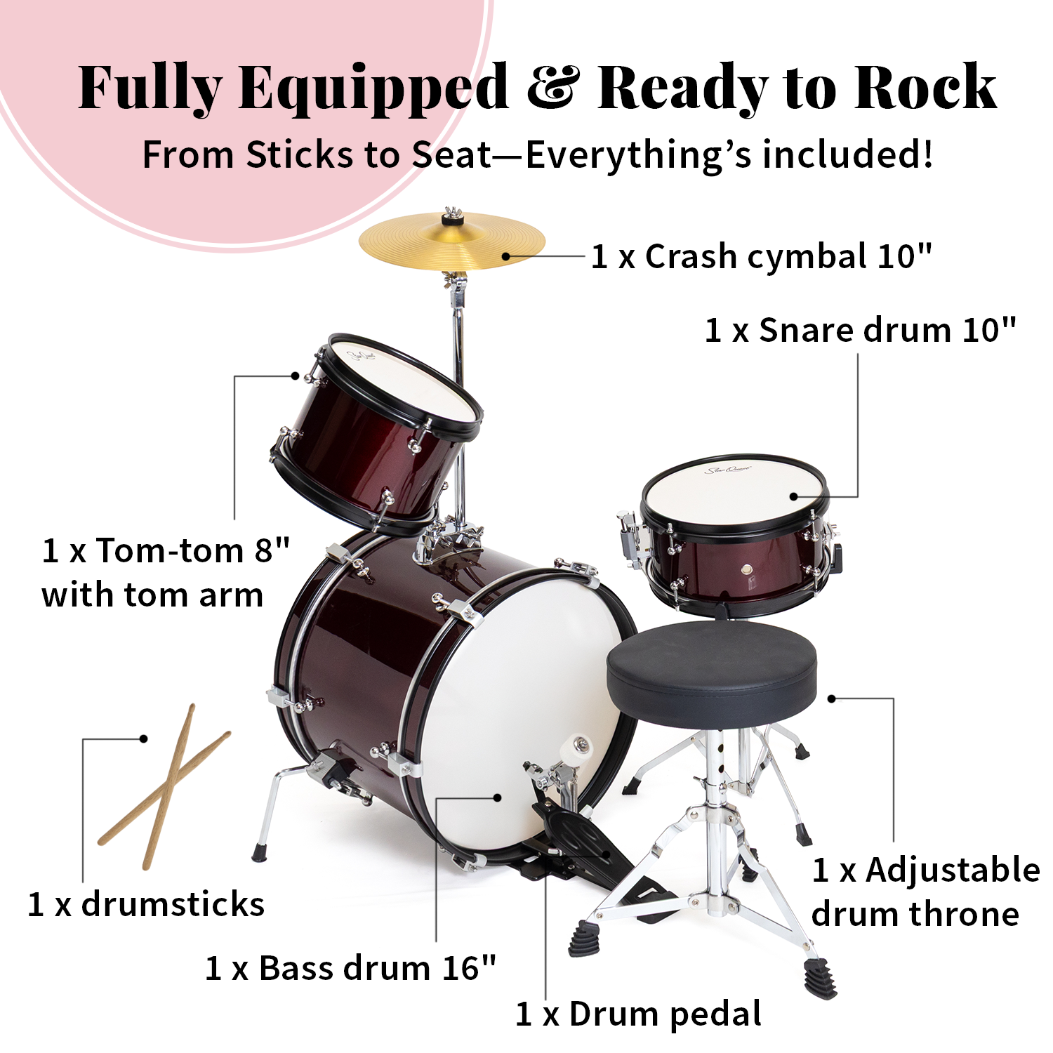 StarQuest Junior 3-Piece Drum Set | Metallic Wine Red Finish