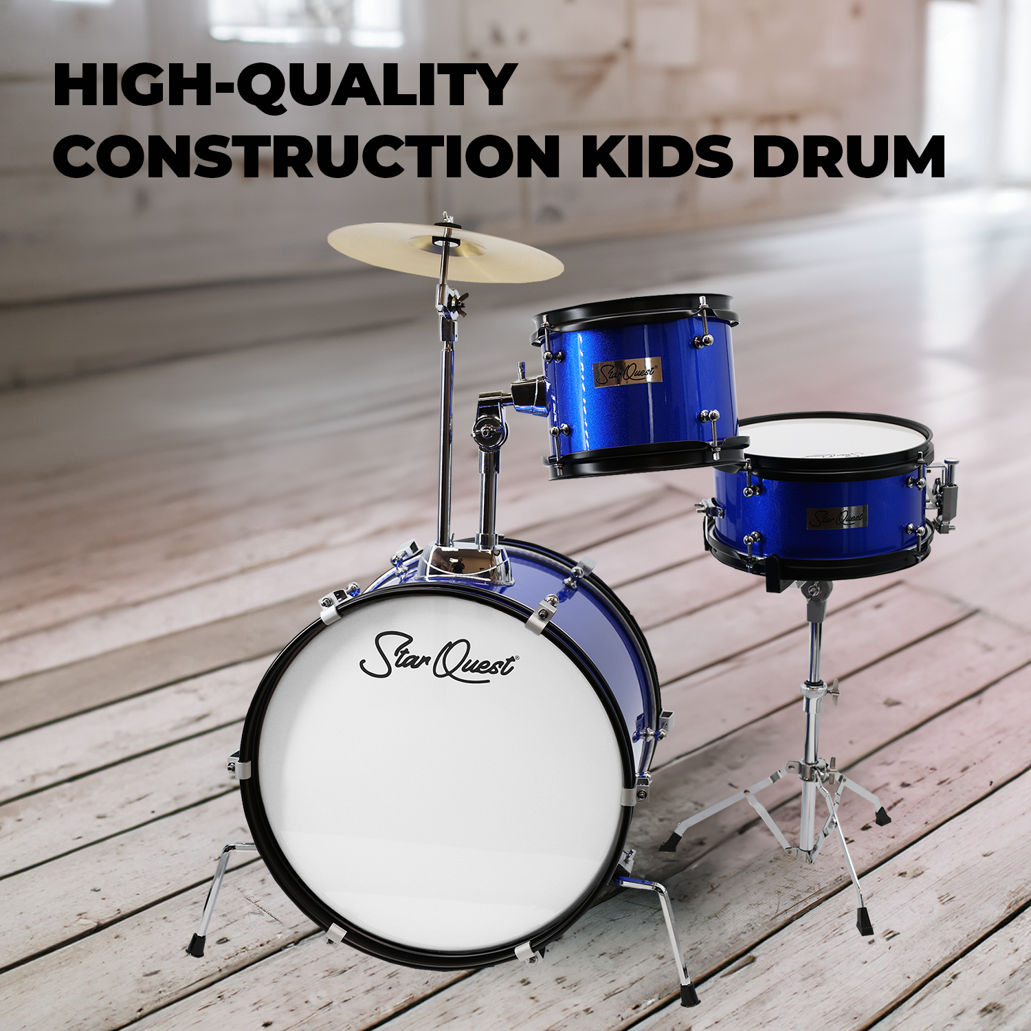 StarQuest Junior 3-Piece Drum Set, Metallic Blue Finish with Bass, Snare, Tom and Crash Cymbal, Perfect for Young Drummers and Beginners