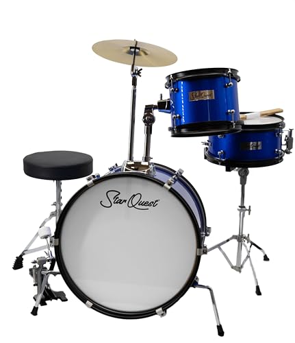 StarQuest Junior 5-Piece Drum Set, Metallic Blue Finish with Bass, Snare, 2x Toms, Floor tom, High Hats and Crash Cymbal, Perfect for Young Drummers and Beginners