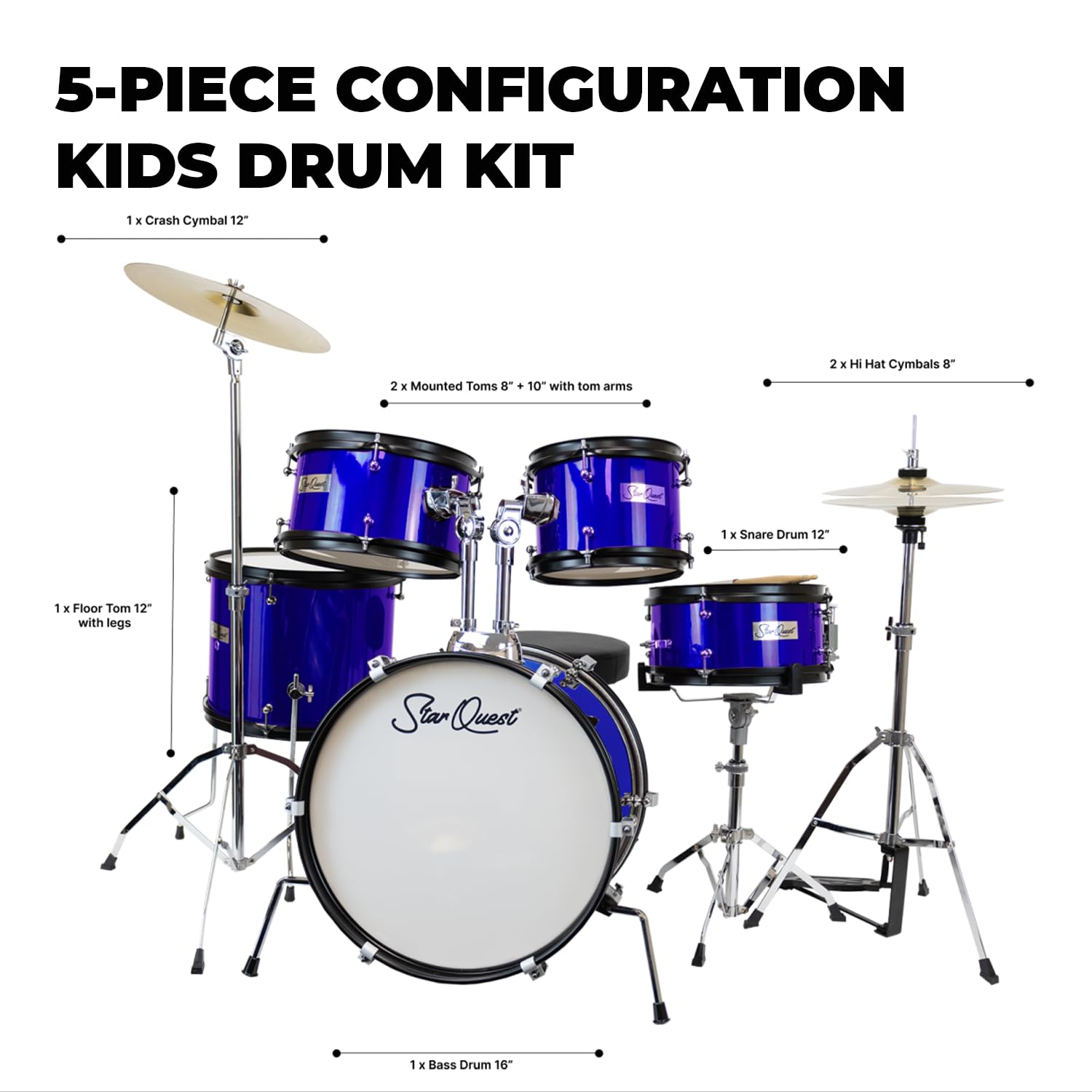 StarQuest Junior 5-Piece Drum Set, Metallic Blue Finish with Bass, Snare, 2x Toms, Floor tom, High Hats and Crash Cymbal, Perfect for Young Drummers and Beginners