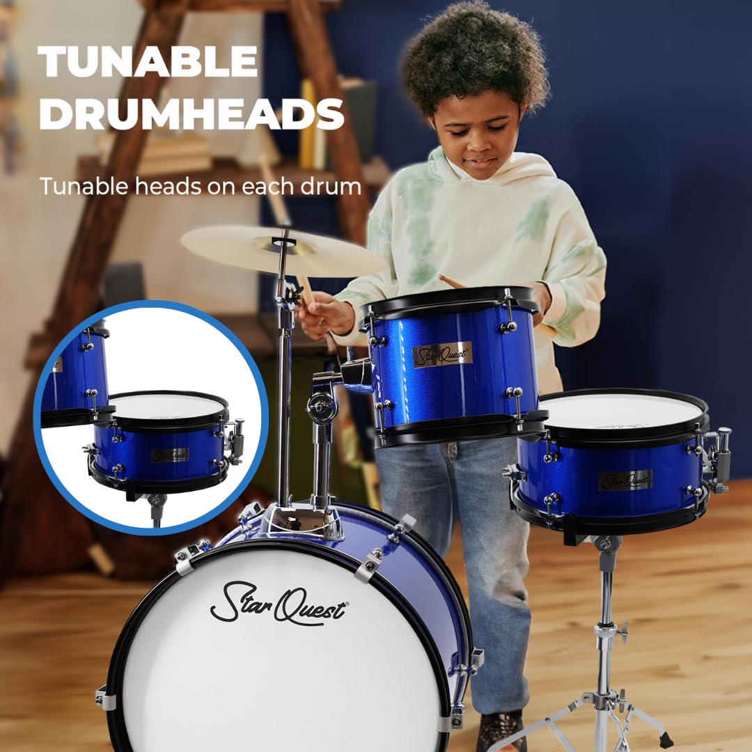 StarQuest Junior 3-Piece Drum Set, Metallic Blue Finish with Bass, Snare, Tom and Crash Cymbal, Perfect for Young Drummers and Beginners