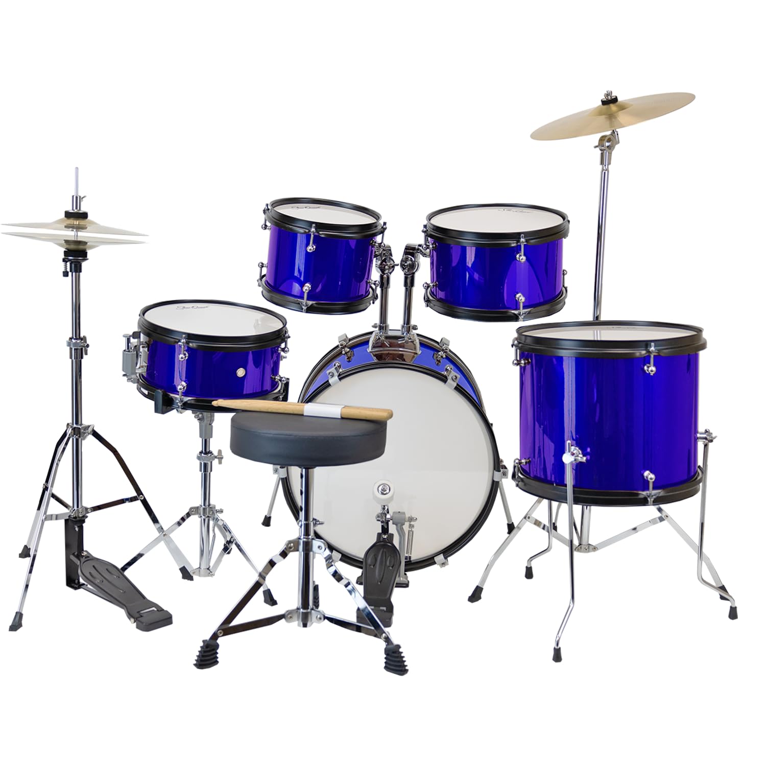 StarQuest Junior 5-Piece Drum Set, Metallic Blue Finish with Bass, Snare, 2x Toms, Floor tom, High Hats and Crash Cymbal, Perfect for Young Drummers and Beginners