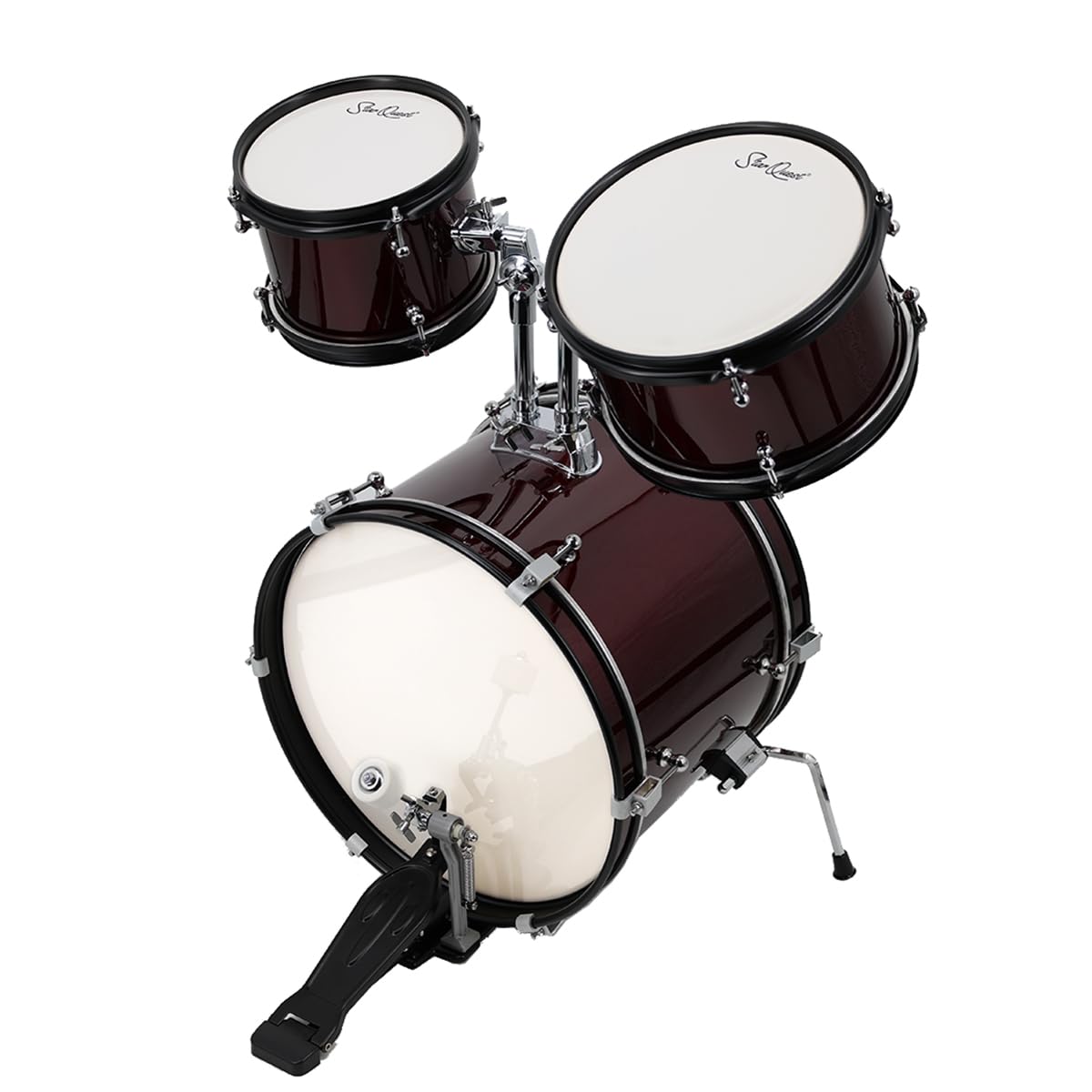 StarQuest Junior 3-Piece Drum Set, Metallic Wine Red Finish with Bass, Snare, Tom and Crash Cymbal, Perfect for Young Drummers and Beginners