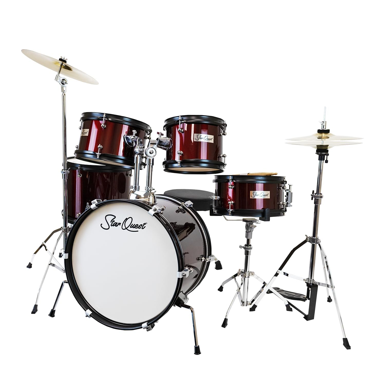 StarQuest Junior 5-Piece Drum Set, Metallic Wine Red Finish with Bass, Snare, 2x Toms, Floor tom, High Hats and Crash Cymbal, Perfect for Young Drummers and Beginners…