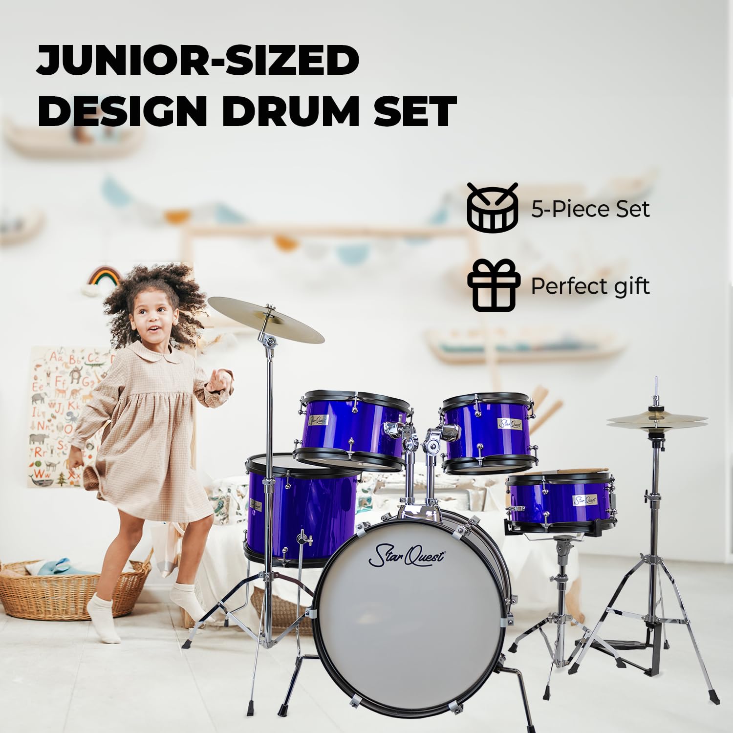 StarQuest Junior 5-Piece Drum Set, Metallic Blue Finish with Bass, Snare, 2x Toms, Floor tom, High Hats and Crash Cymbal, Perfect for Young Drummers and Beginners